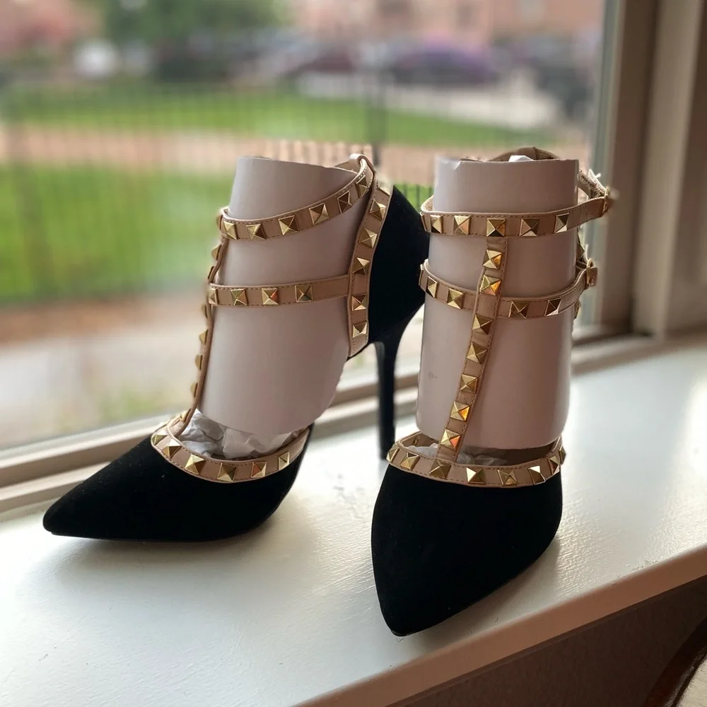 T-Strap Studded Heels in Black Suede - Picture 5 of 5